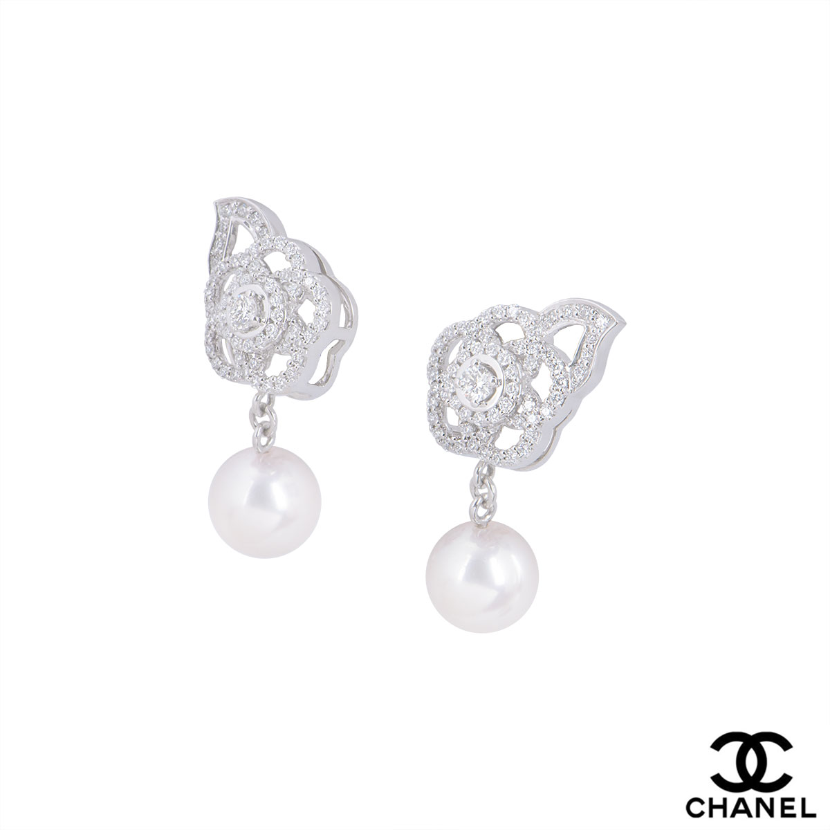 Chanel White Gold Diamond And Pearl Camelia Earrings